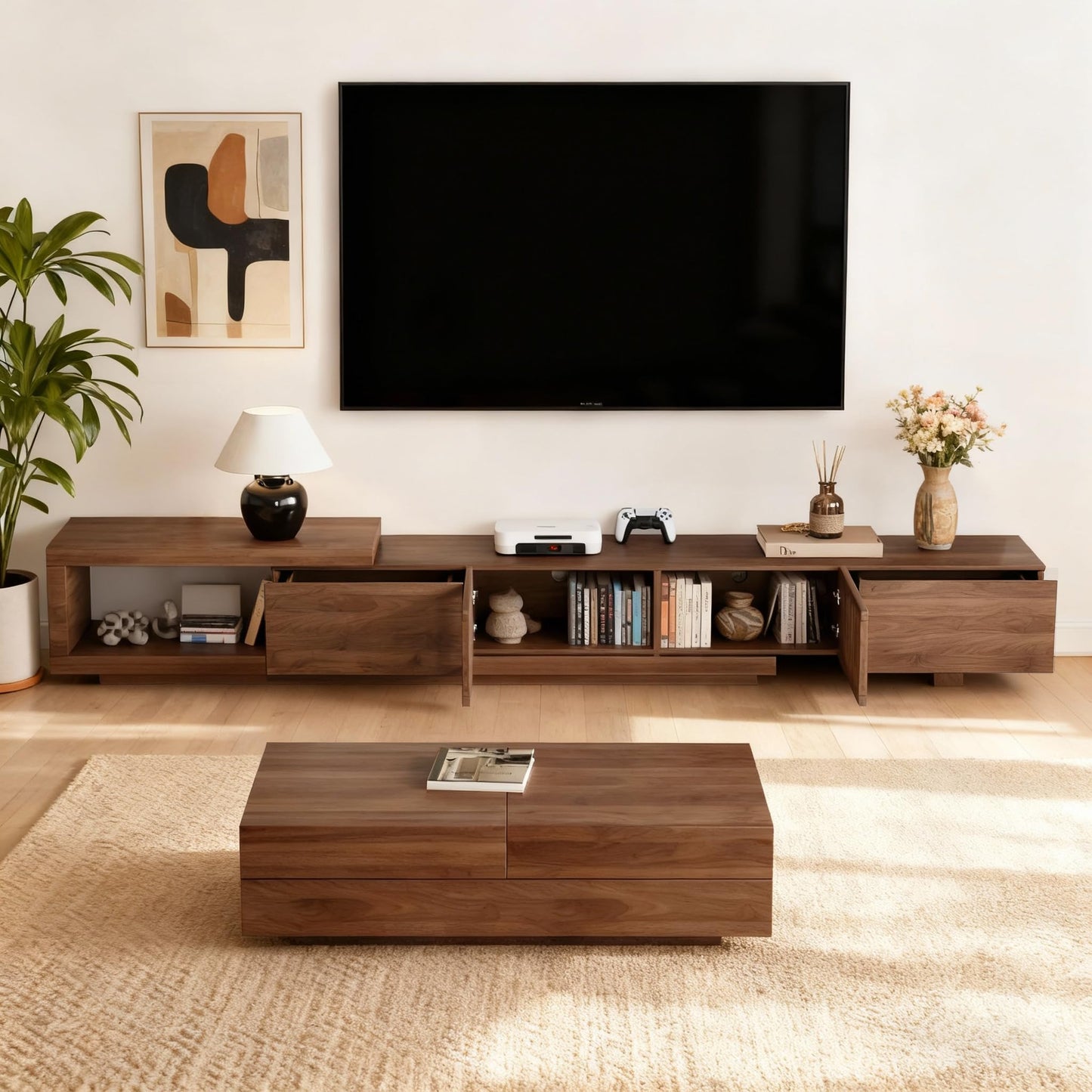 gaoyangjiaju 78.5"-105" Mid-Century Modern Extendable TV Stand, Walnut Media Console with 2 Drawers and 2 Cabinets, Fits TVs up to 100 Inches for Living Room or Bedroom