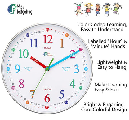 WISE HEDGEHOG Learning Clock for Kids, Silent Non Ticking, Telling Time Teaching Clock, Room Wall Decor for Bedrooms, Analog Kids Clock for Teaching Time, Kids Learn to Tell Time Easily