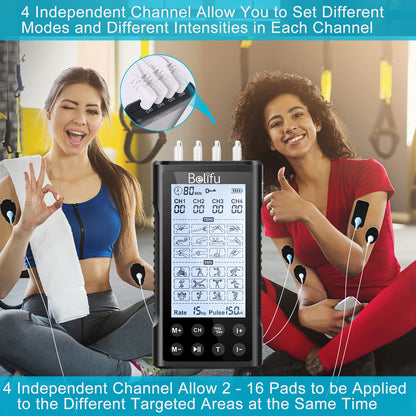 Belifu 4 Independent Channel TENS EMS Unit, 24 Modes,30 Level Intensity Muscle Stimulator Machine, Rechargeable Electric Pulse Massager with 10 Pads&5 Set Leads Wires, for Pain Relief Therapy(Black)
