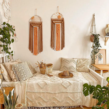 Artilady Macrame Wall Hanging Tapestry Sunrise Wall Art Boho Hanging Tapestries Large Dream Catcher, Hand Woven Orange Brown Sun Home Decorations for Bedroom Living Room Nursery (Brown Sunrise)
