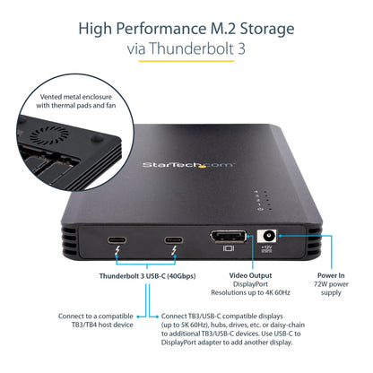 StarTech.com 4 Bay Thunderbolt 3 NVMe Enclosure, for M.2 NVMe SSD Drives, 1x DisplayPort Video/ 2X TB3 Downstream Ports, 40Gbps, 72W Power Supply, External Hard Drive Enclosure , TAA (M2E4BTB3)