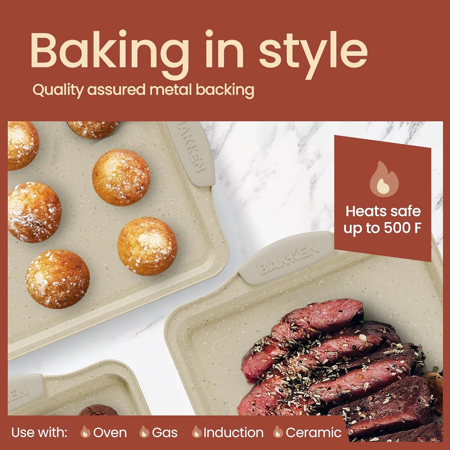 8-Piece Set BAKKENMASTER Deluxe Carbon Steel Bakeware - Nonstick White Marble Coating, Silicone Handles - Professional