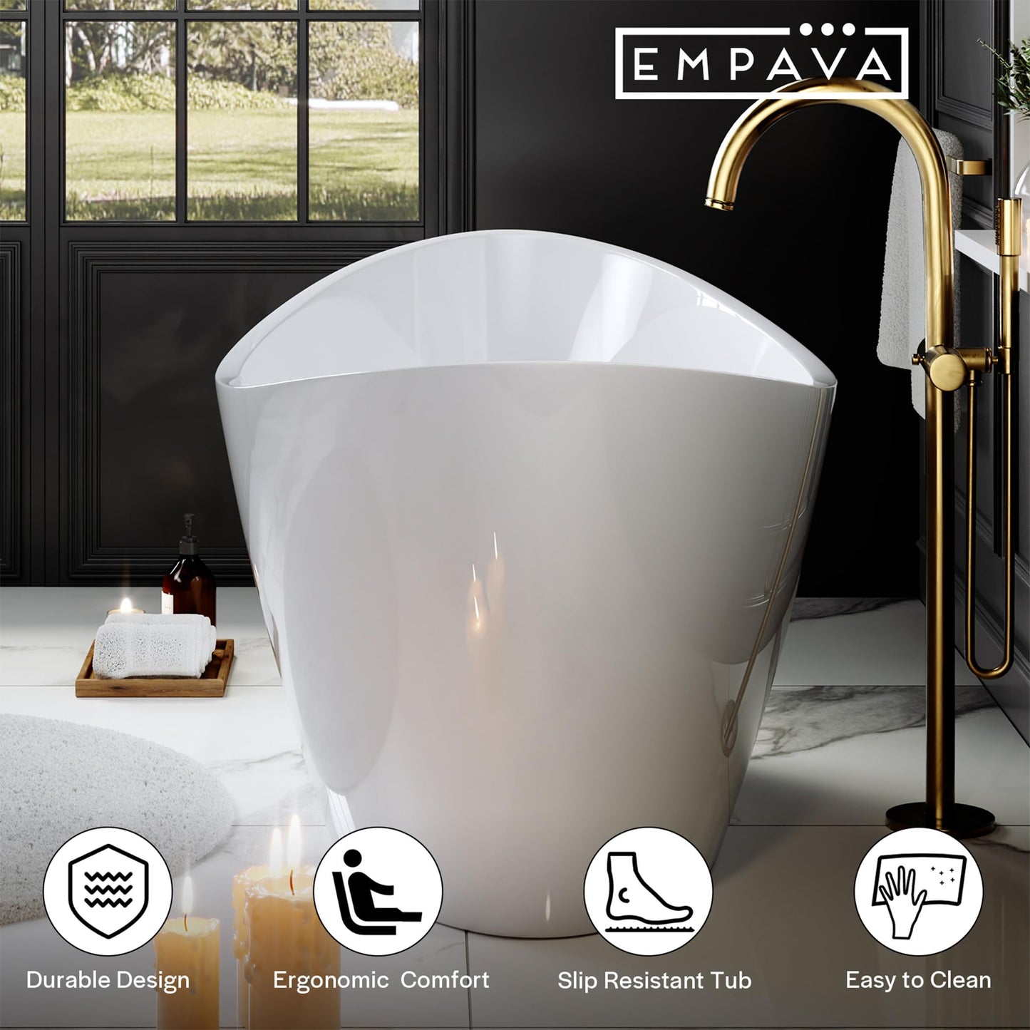 Empava Freestanding Bathtub, Acrylic Soaking Tub with Brushed Nickel Drain & Overflow – Modern Standalone Shower Tub, Non-Slip Flat Bottom Design, Glossy White, 59 Inch,cUPC Certified