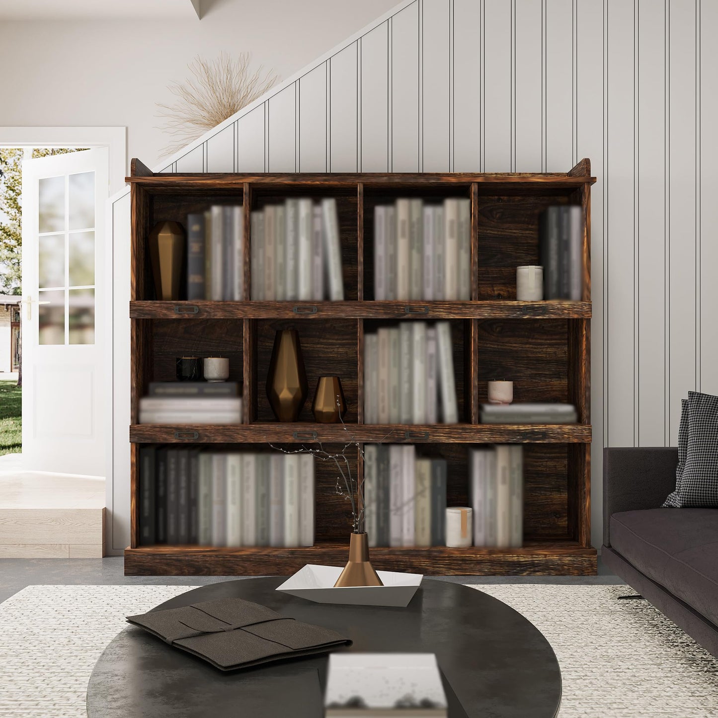 Storage Bookcase, 53" Wooden Bookshelf Bookcase with 10-Cube Compartments, Mid-Century Modern 3-Tier Freestanding Open Storage Organizer Display Cabinet for Living Room, Office, Bedroom, Espresso