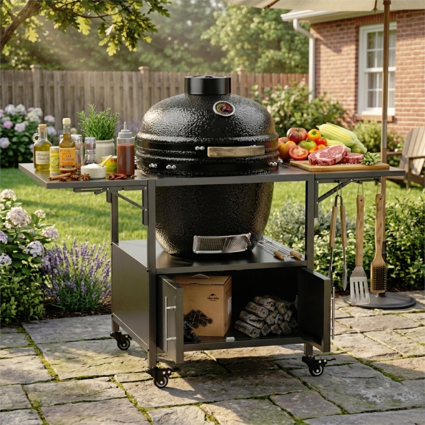 Heavy Duty Outdoor Grill Table for Dual Big Green Eggs, 304 Stainless Steel Prep Station with Storage Cabinet, 4 Swivel Wheels, Foldable Side Shelves, Fits Kamado Joe 18" & Ceramic Grills, M