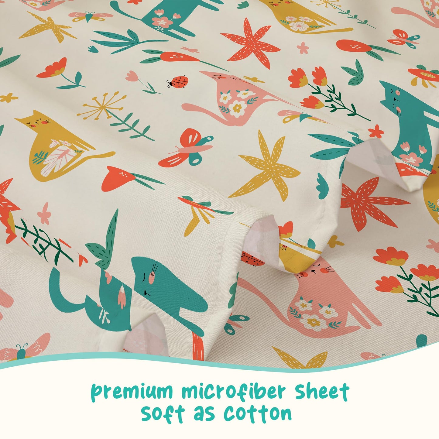 Bedmoon Girls Twin Sheets, Kids Green Cat Kitty Cute Animal Soft Microfiber Twin Sheets & Pillowcases with Corner Straps