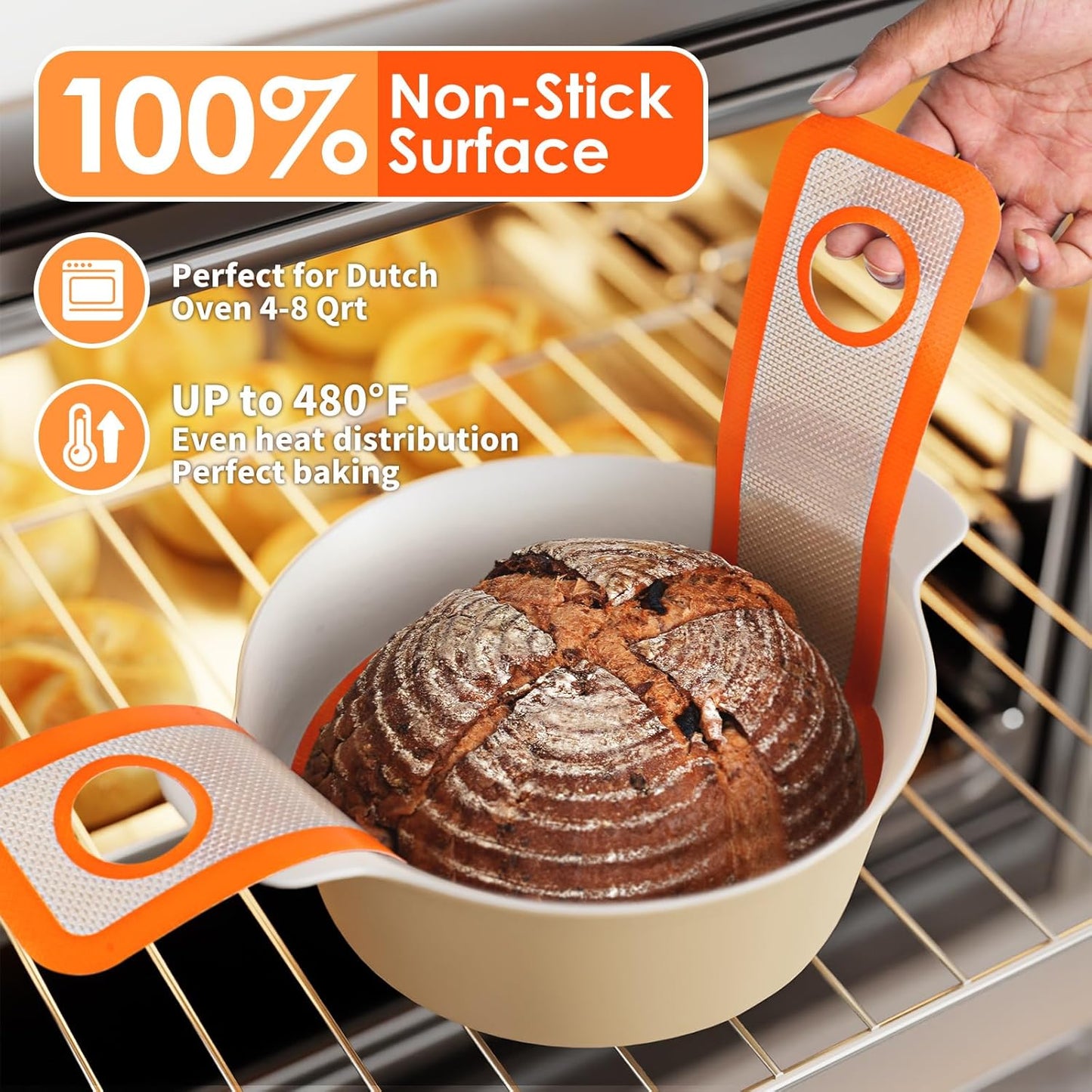 Silicone Bread Sling for Dutch Oven, 2 Pack Non-Stick Baking Mats with Brush and Storage Band, Reusable for Sourdough