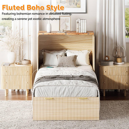 VINGLI Twin Murphy Bed with Storage Drawer,Fluted Wooden Foldable Bed Cabinet with Charging Station,Boho,Hideaway Paltform Panel Bed for Small Spaces,Guest Room,Office,Apartment,Beige
