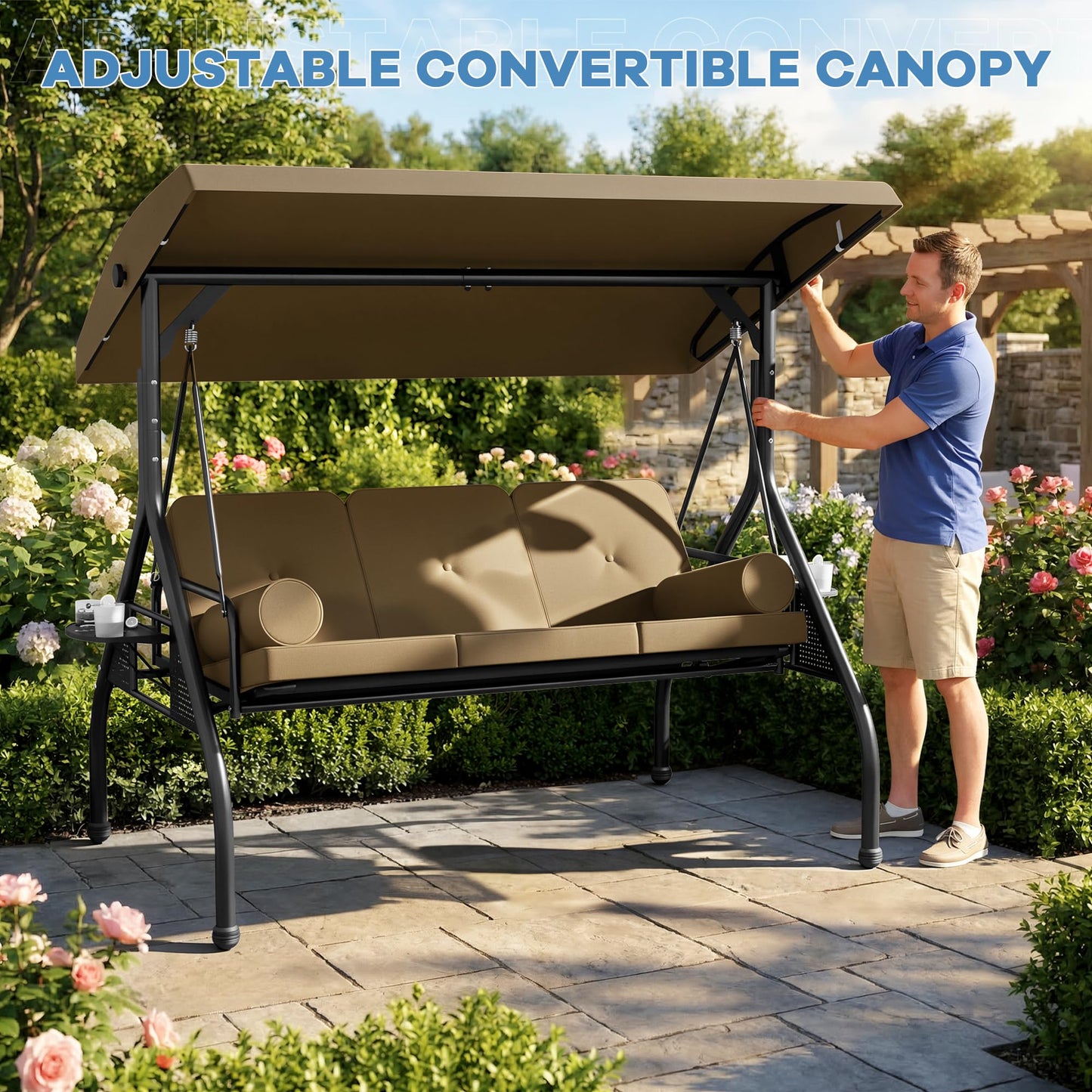 Patiomore 3 Seat Outdoor Porch Swing Chair, Adjustable Canopy Swing Bench, Convertible Backrest Swing Bed with Thicken Cushions, Pillow & Cup Hold (Beige)