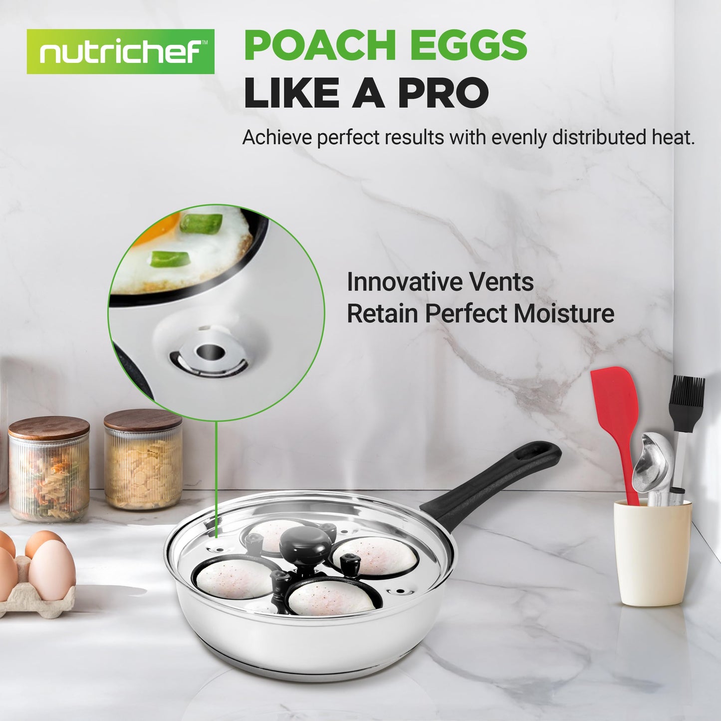 NutriChef Egg Poacher Pan Set - 7.87” Stainless Steel Poached Egg Cooker with 4 Non-Stick Poaching Cups, Glass Lid, Timer, Oven Mitt, and Spatula for Perfect Poached Eggs, Induction Compatible, Silver