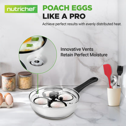 NutriChef Egg Poacher Pan Set - 7.87” Stainless Steel Poached Egg Cooker with 4 Non-Stick Poaching Cups, Glass Lid, Timer, Oven Mitt, and Spatula for Perfect Poached Eggs, Induction Compatible, Silver