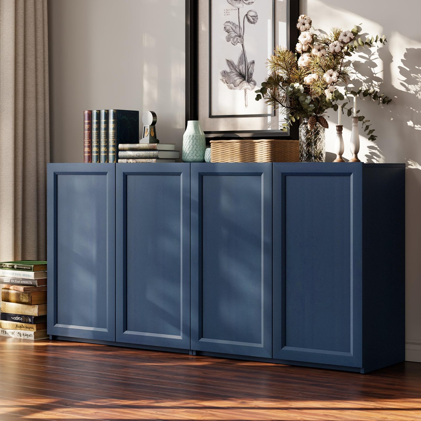 FENSULN Modern Sideboard Accent 2 in 1 Buffet Storage Cabinet Display Buffet Cabinet Credenza with Adjustable Shelves for Dinging Room Living Room Entryway Coffee Bar,Blue