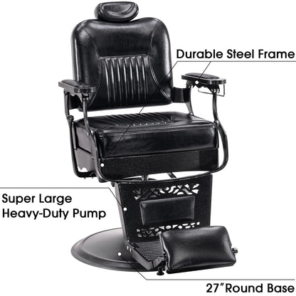 BarberPub Heavy Duty Metal Vintage Barber Chair All Purpose Hydraulic Recline Salon Beauty Spa Chair Styling Equipment 2925 (All Black)