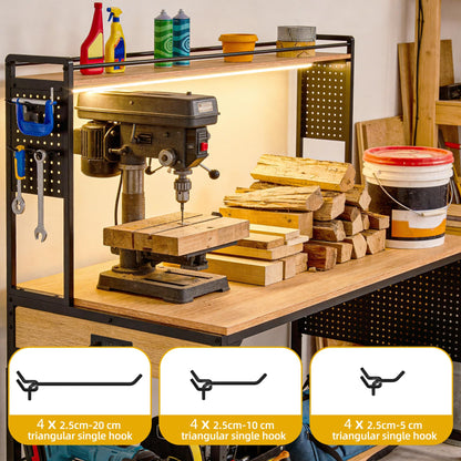 DWVO 59in Large Adjustable Height Workbench with Pegboard & LED Light, 1100lbs Load Heavy Duty Work Bench on Wheels. 59"x31" Work Table for Garage, Workshop, with AC/USB Outlet, Storage Shelf, Hooks