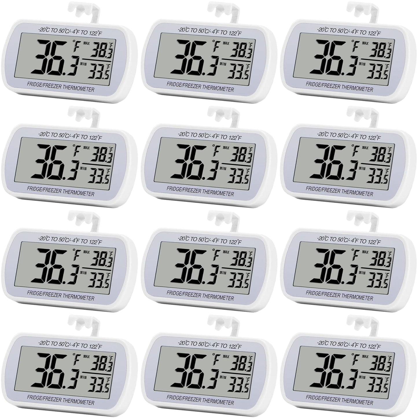 Refrigerator Thermometer Digital Fridge Freeze Room Thermometer Waterproof Large LCD Display Max/Min Record Function, White