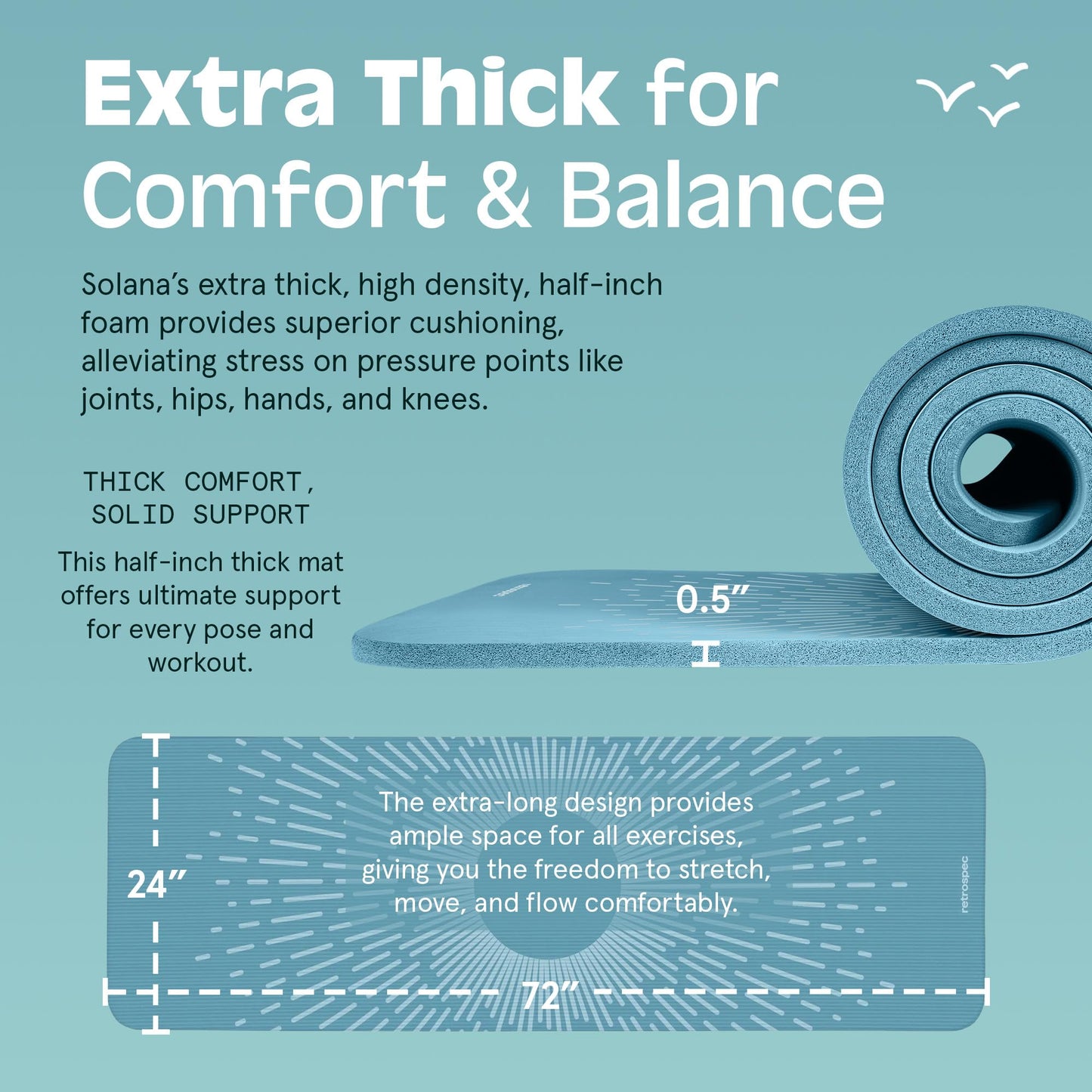 Retrospec Solana Yoga Mat 1/2" Thick w/Nylon Strap for Men & Women - Non Slip Exercise Mat for Yoga, Pilates, Stretching, Floor & Fitness Workouts