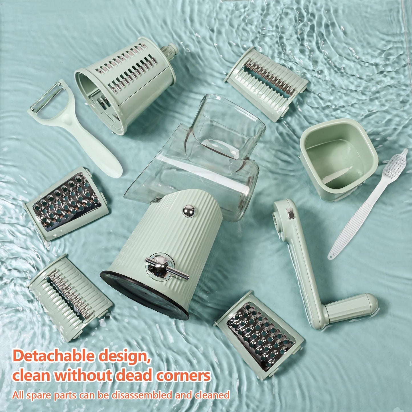 Cheese Grater With Hand Crank Countertop For Kitchen，Grater Shredder With Handle For Kitchen Rotating，Vegetable Slicer，Nuts Grinder Cheese Shredder with Clean Brush(5 Blades Matcha Color)
