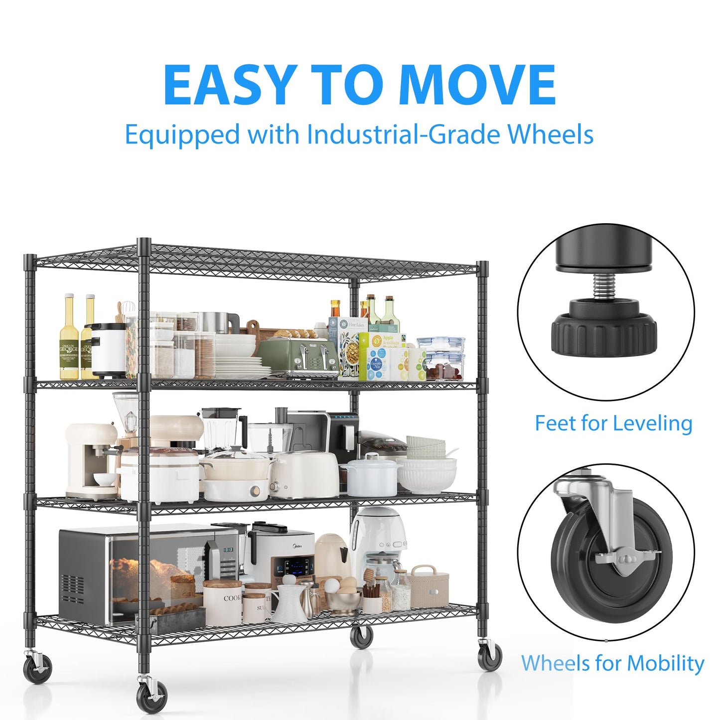 Homdox Heavy Duty Metal Shelves for Storage, 4 Tier Storage Racks and Shelving, Commercial Adjustable Wire Shelving Unit on Wheels, Garage Rack Pantry Shelves Kitchen Shelving, 24"x60"x72", Black