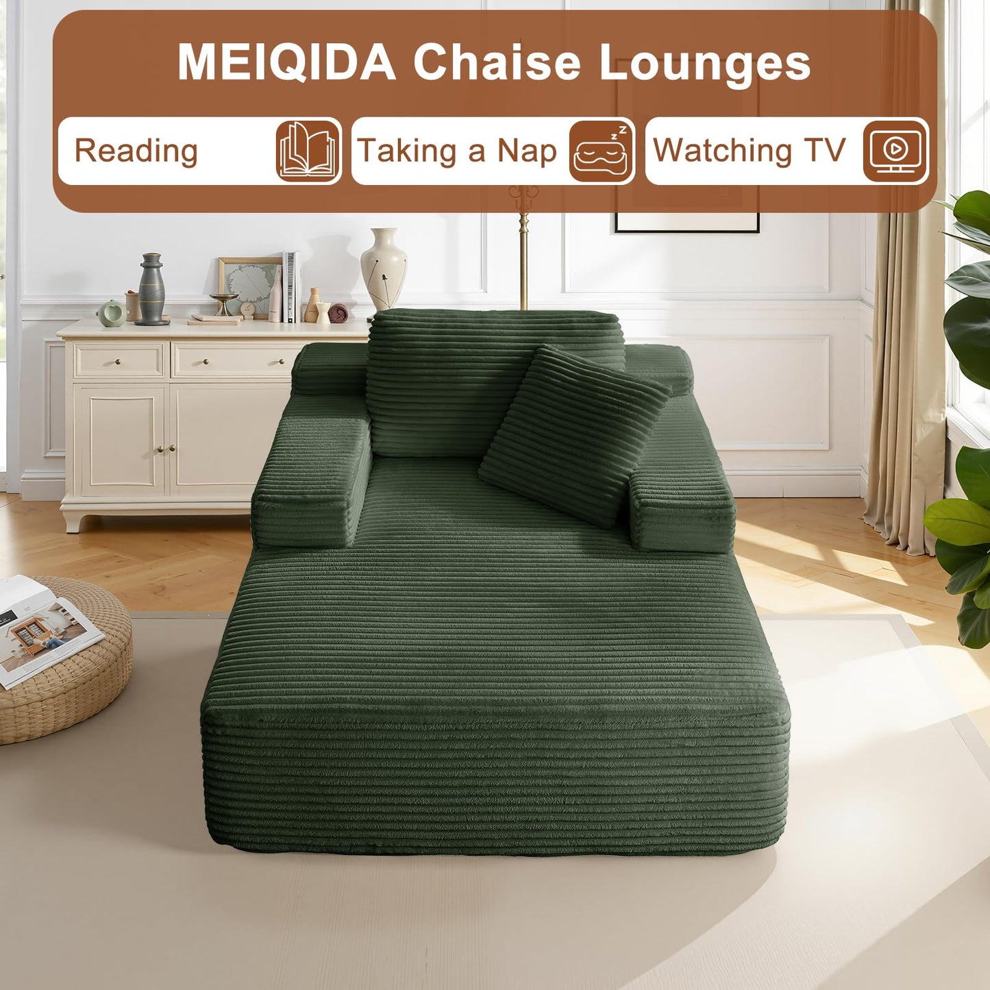 Meqiodas 67.5 Inch Oversized Indoor Chaise Lounge, Sofa Bed, Living Room Sofa, Corduroy Sofa, Couches for Living Room, Deep Seat Sleeper Couch Reading Chairs (Green)