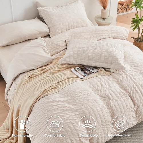 HYMOKEGE King Size Comforter Set - 7-Piece Seersucker Luxury Bedding in Beige for All Seasons