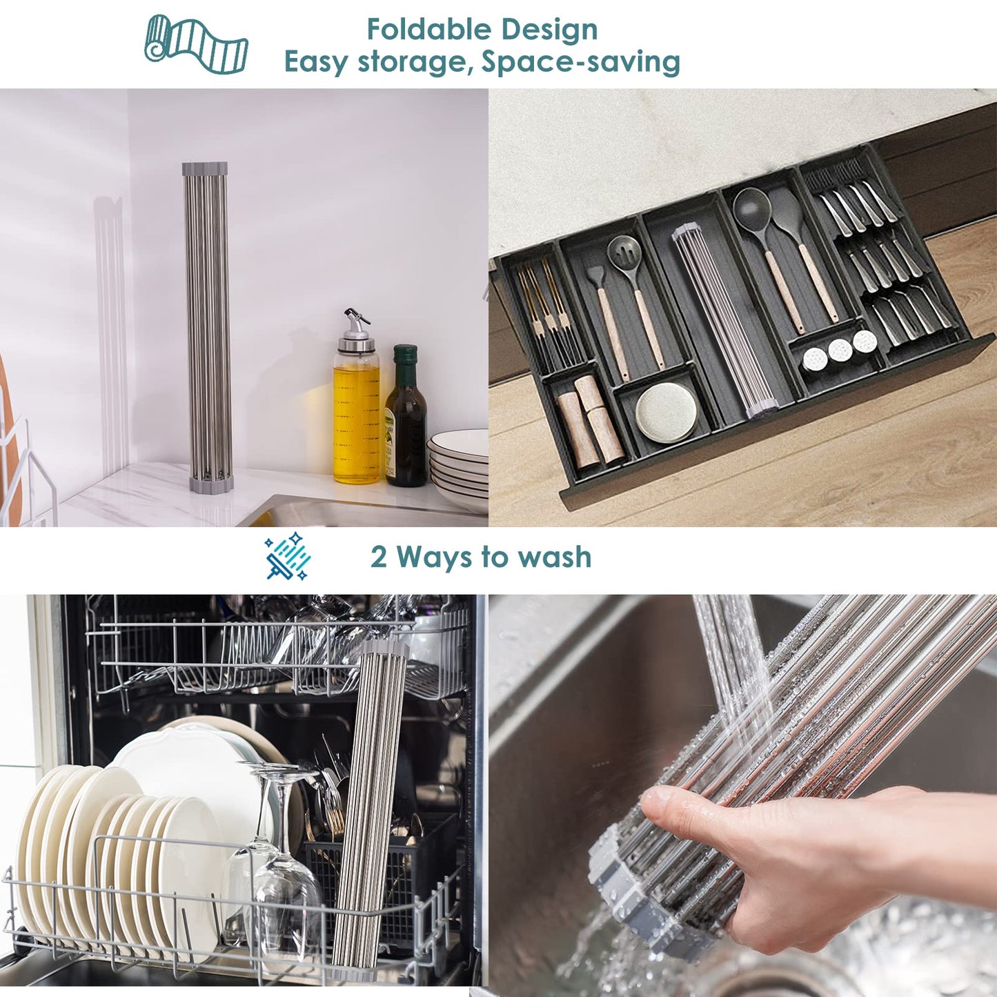 Tomorotec Roll Up Dish Drying Rack Over The Sink Grey Large Dish Drying Rack Rolling Foldable Collapsible SUS304 Stainless Steel Multipurpose Dish Drainer for Kitchen Counter (21”x15.7”)