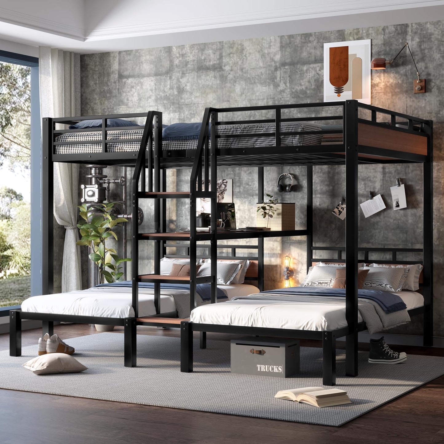 Bellemave Queen Over Twin Over Twin Bunk Bed with Stairs and Storage Shelf, Heavy Duty Triple Bunk Beds with Safety Guardrails, Metal Triple Bunk Bed Frame for 3 Kids, Teens, Black