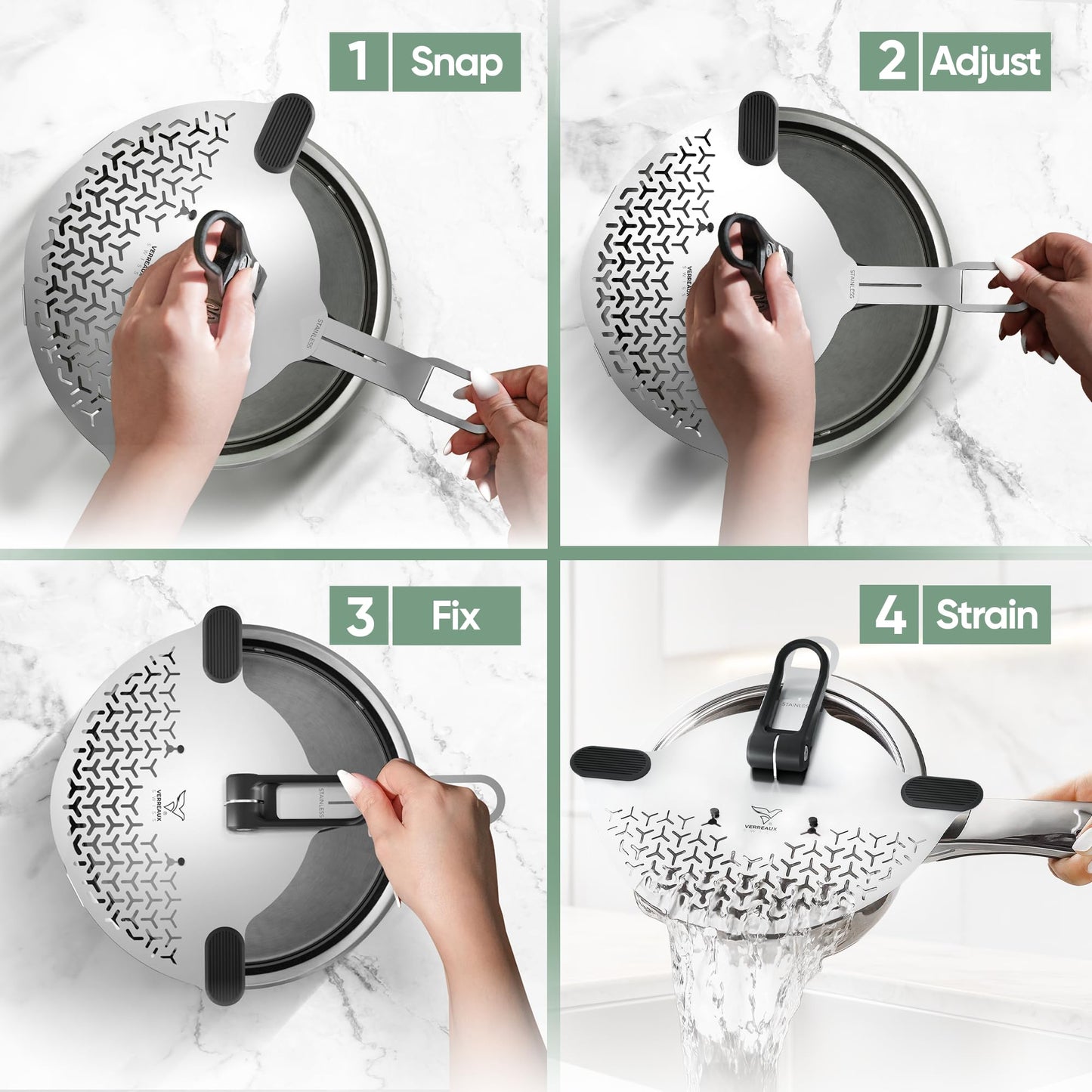 Kitchen Strainer & Pot Drainer Clip-On Stainless Steel Colander for Pots & Pans (6.5-9.5 in / 16-24 cm) | Universal Fit Pasta & Noodle Strainer | Hands-Free Swiss Design, Dishwasher-Safe