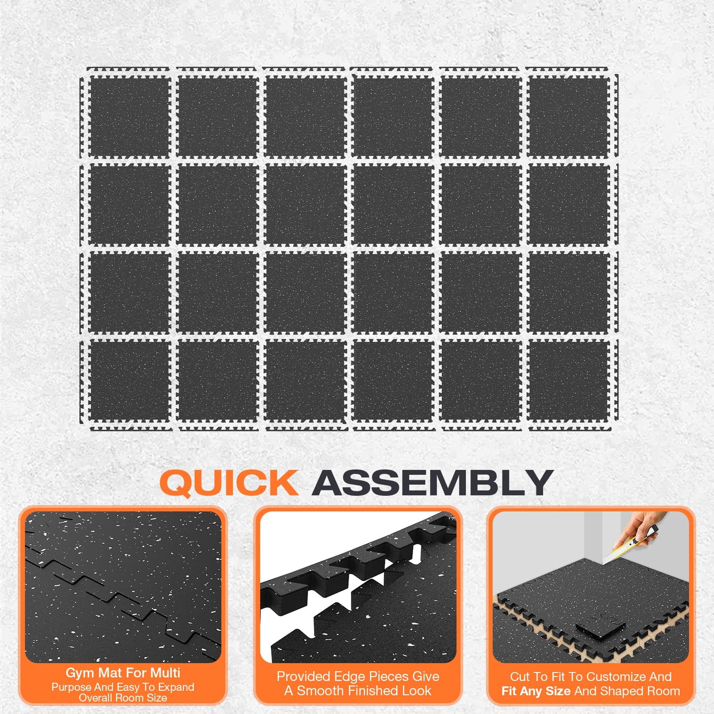 FLEXLIFT 0.56'' Thick 24 Pcs 96 Sq Ft Non-Slip Rubber Top Exercise Equipment Mats, High Density EVA Foam Mats with Rubber Top, Interlocking Puzzle Gym Flooring for Home Gym, Workout Floor Mats, Black