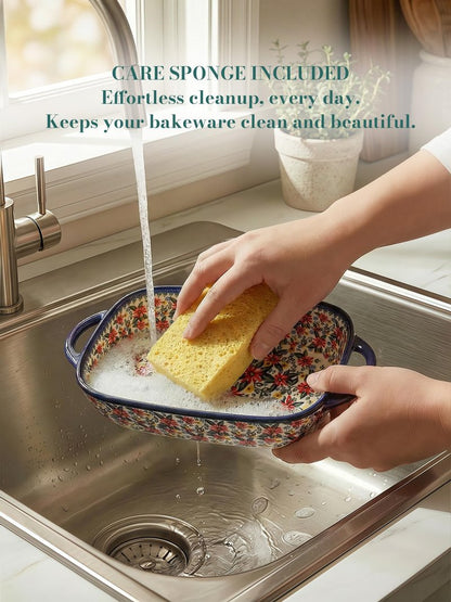 Polish Pottery Style Ceramic Baking Dish Set, 2-Piece Large & Small Casserole Bakers for 2–3 People, Floral Oven-to-Table Bakeware, Microwave & Dishwasher Safe, Gift-Ready with Protective Packaging