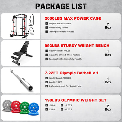 JELENS C21 Power Cage, 2000LBS Multi-Function Power Rack with Independent Dual Pulley System, All-in-One Squat Rack for Cable Crossover, Home Gym Workout Machine (Red, 190LBS Color)