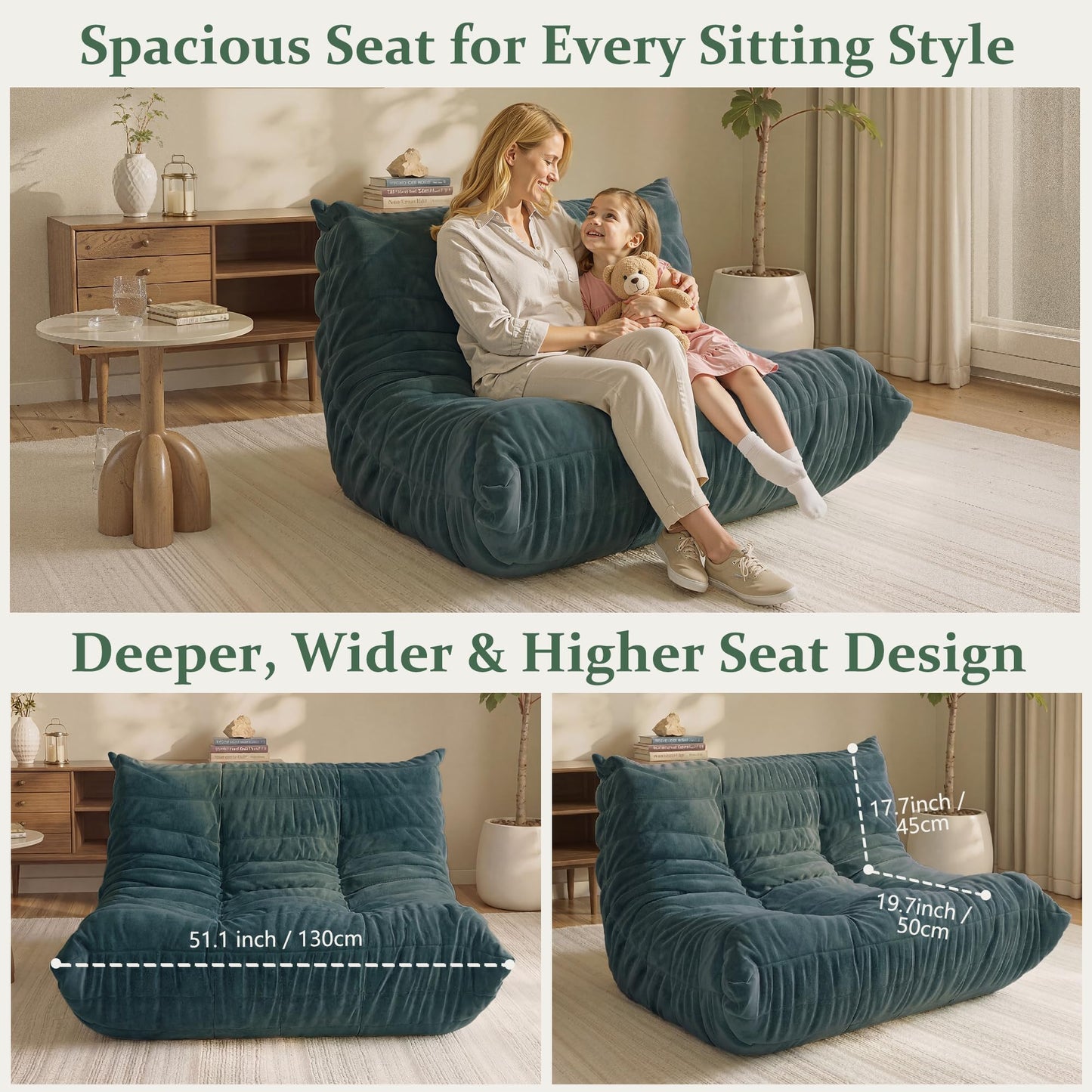 LineCrispton Bean Bag Chair for Adults – Loveseat Memory Foam Chair with Luxury Fabric, Compressed Sofa in a Box for Living Room, Bedroom & Home Office (Dark Green)