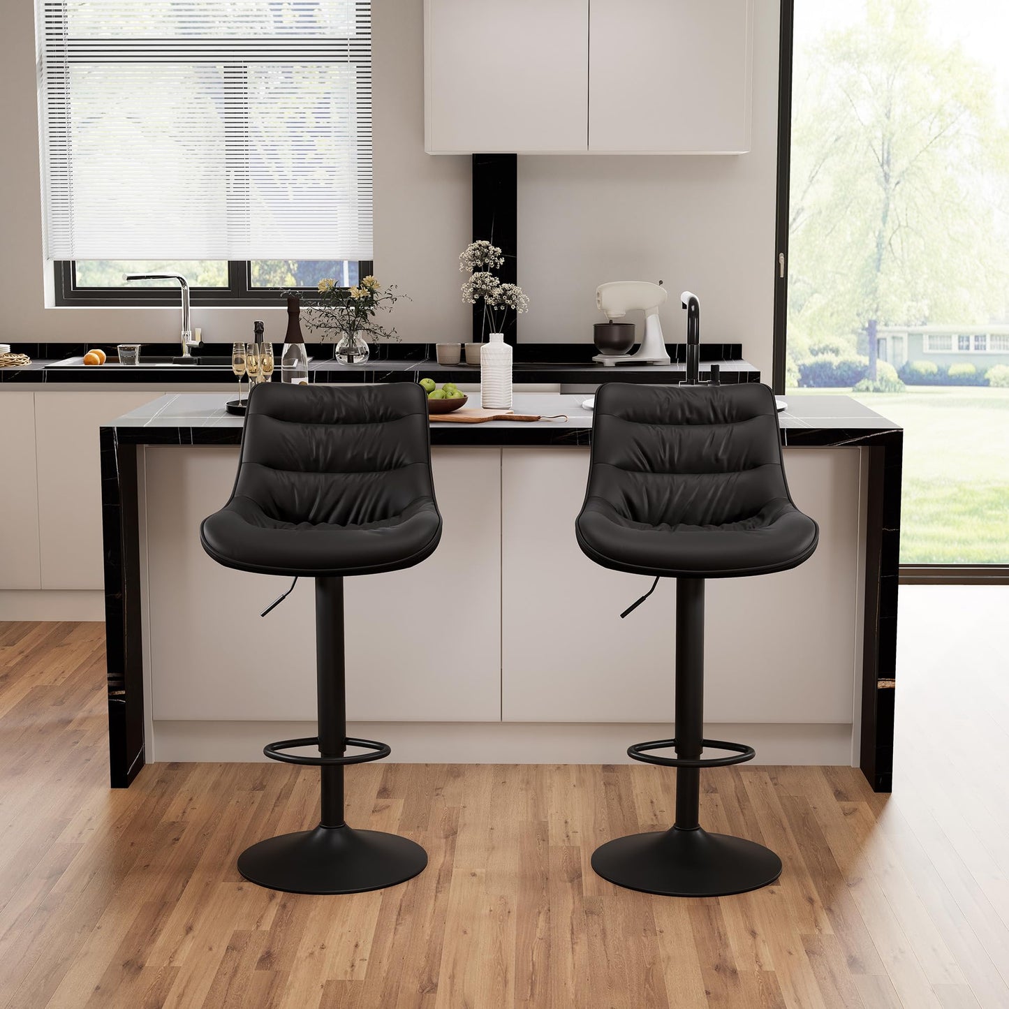 Kidol & Shellder Adjustable Bar Stools Set of 2, Faux Leather Counter Height BarStools with Back, Modern Mid Century Upholstered Bar stools for Kitchen Island Black