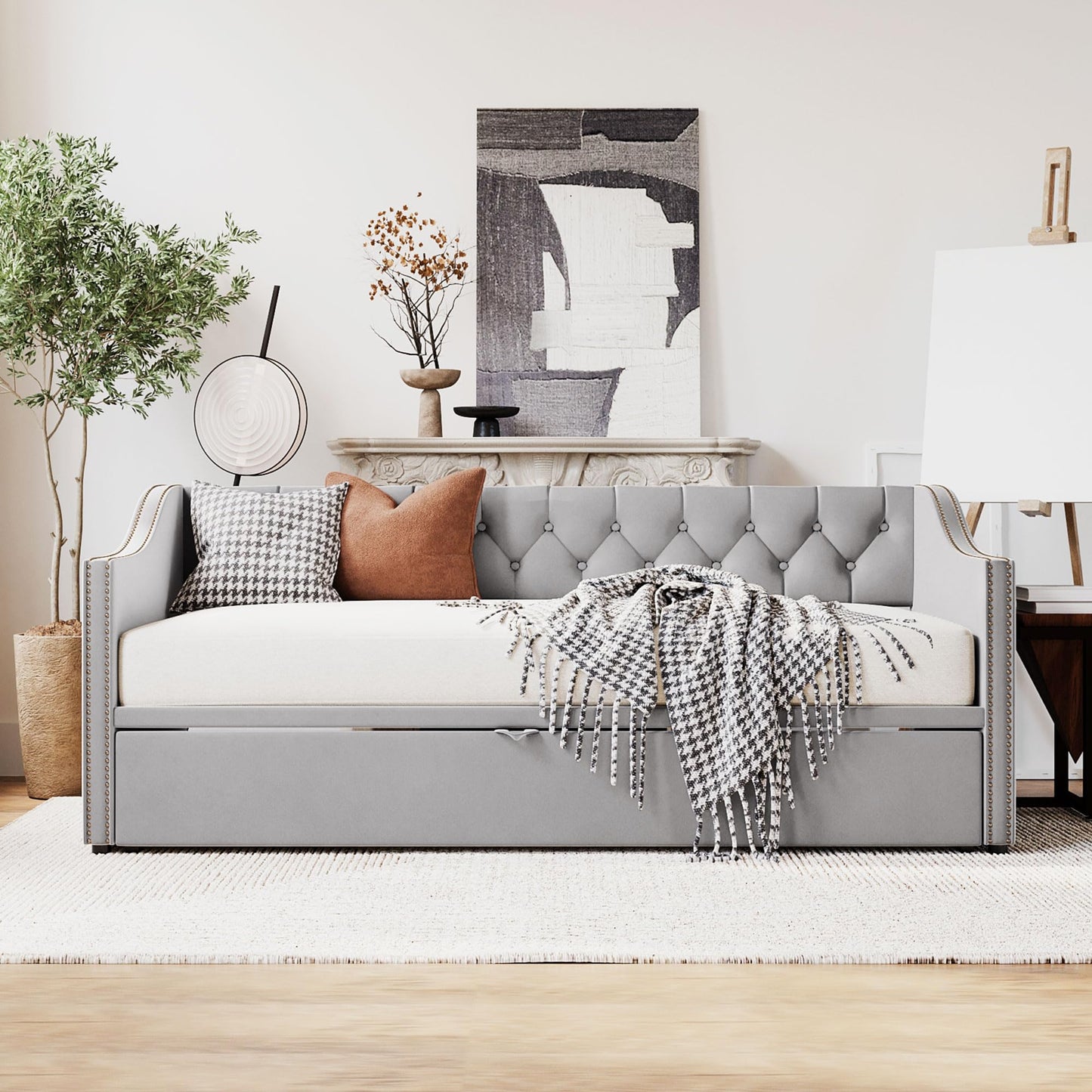 Twin Size Upholstered Daybed with Pop up Trundle,Velvet Day Bed Frame with Extendable Trundle,Twin to King Daybed,Tufted Sofa Bed for Bedroom,Living Room,Guest,Gray