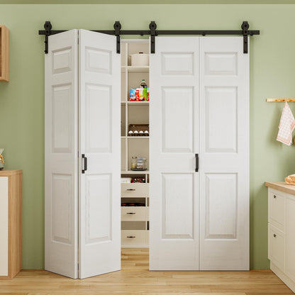 48" x 84" Pre-Assembled 6 Raised Panels Bifold Barn Door, Paintable White Primed Pre-Finished Bi Fold Barn Door and Hardware Kit Included, 56" Track Kit for 4 Closet Doors for Pantry Laundry Bathroom