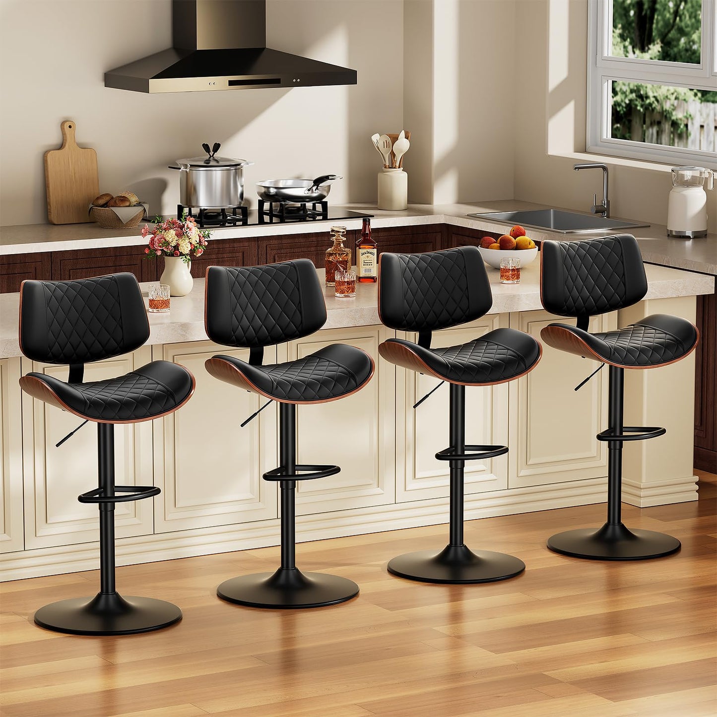 FervorFurn Swivel Bar Stools Set of 3, Adjustable Bar Stool for Kitchen Island, Mid-Century Modern PU Leather Counter Height Bar Stools with Back and Footrest, Easy Assembly, Black