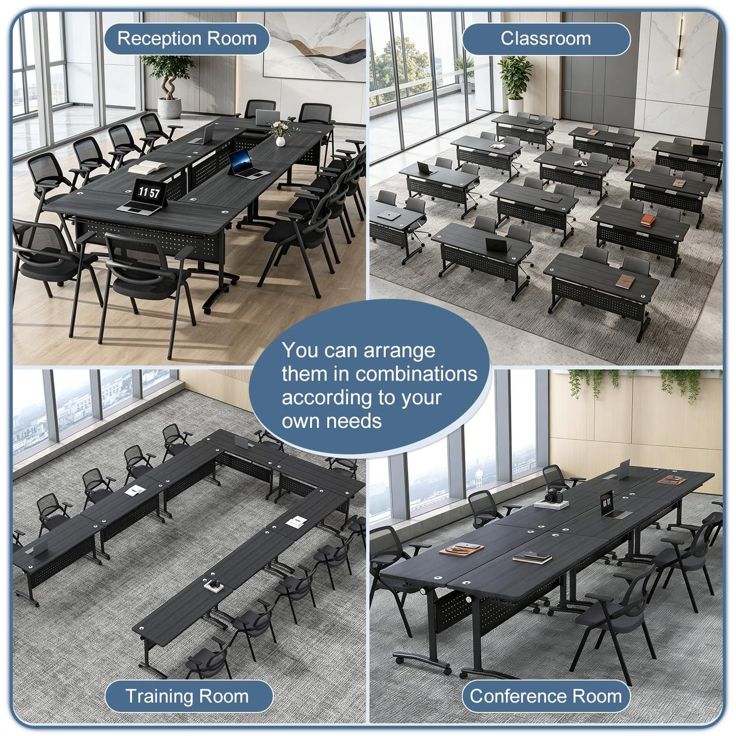 Folding Conference Room Tables with Wheels, Modular Conference Table Foldable Mobile Office Training Tables, Seminar Rolling Flip Top Nesting Meeting Table Space-saving for Classroom, Black 8Pack