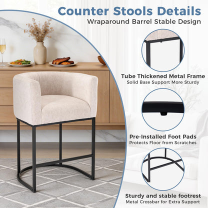 DUMOS Barrel Bar Stools Set of 4, Modern Counter Height Barstools with Linen Fabric Upholstered Seat, 350lbs Capacity Kitchen Island Chair, Bar Stools with Metal Sled Base and Footrest, Oatmeal
