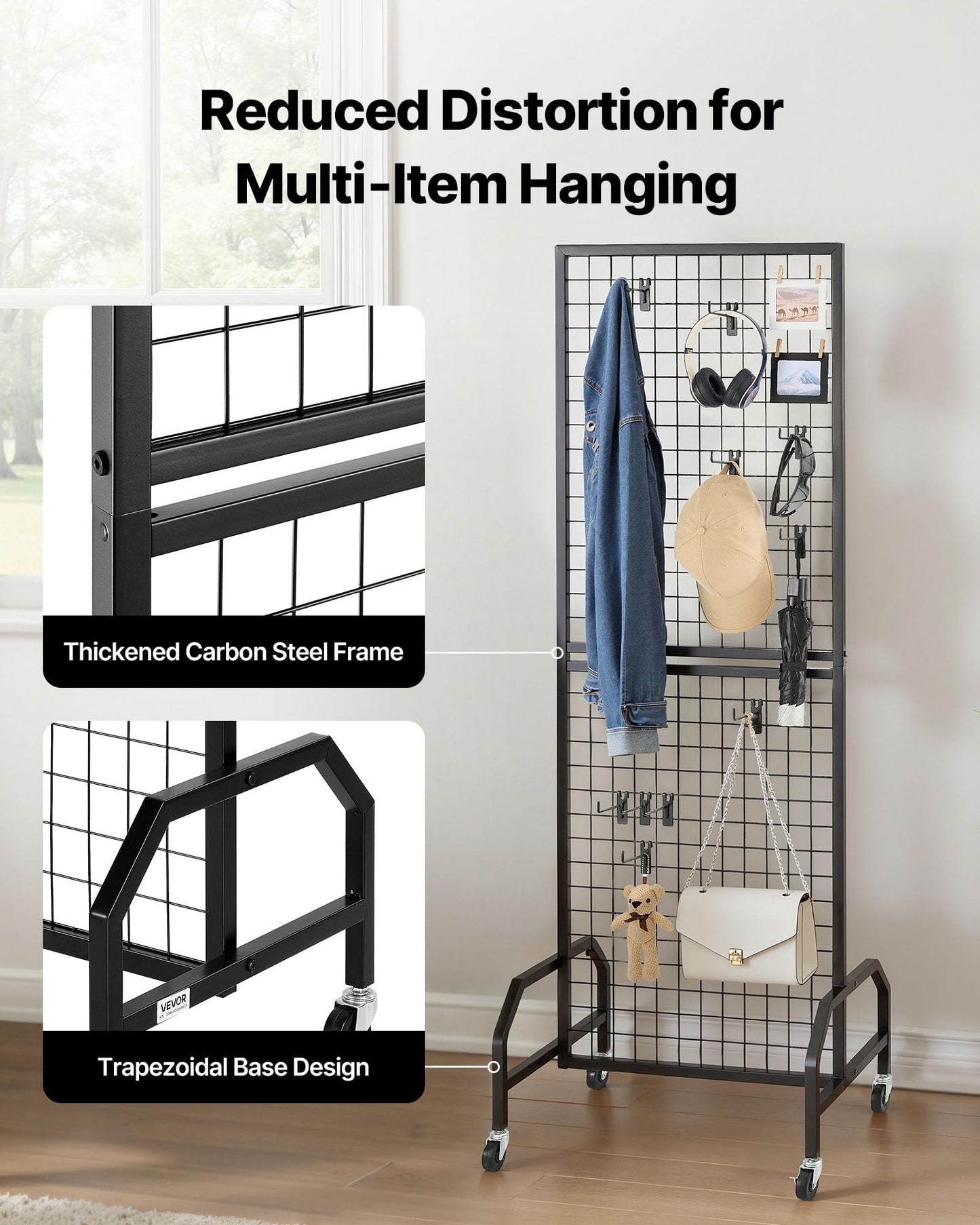 VEVOR Grid Wall Panel, 1.9 x 5.4 ft Wire Grid Panels Display Rack, Movable Art Display Shelf with Wheels and 10 Hooks, Black Carbon Steel Gridwall for Craft Show, Decoration, Storage, Notice Board