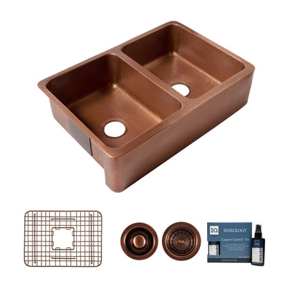 Sinkology Lange 32 Inch Farmhouse Sink - Handcrafted Solid Copper Apron Front Double Bowl Farm Sink for Kitchen, Antique Copper Finish, Fits 36 Inch Cabinet, Complete Kit, Sinkology Everyday Warranty