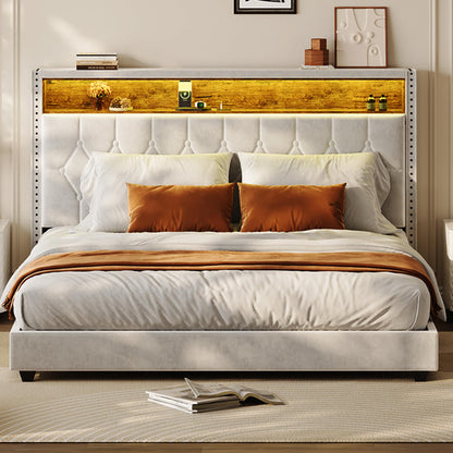 Garvee King Bed Frame with LED Light and Charging Station, Upholstered Bed Frame with Button Headboard, Wood Slat, No Box Spring Needed, Easy Assembly