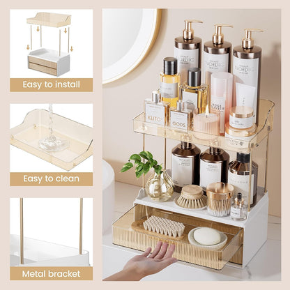 Delamu 2-Tier 2-Drawer Bathroom Counter Organizer, Multi-Purpose Makeup Organizer, Large Skincare Organizer, Amber