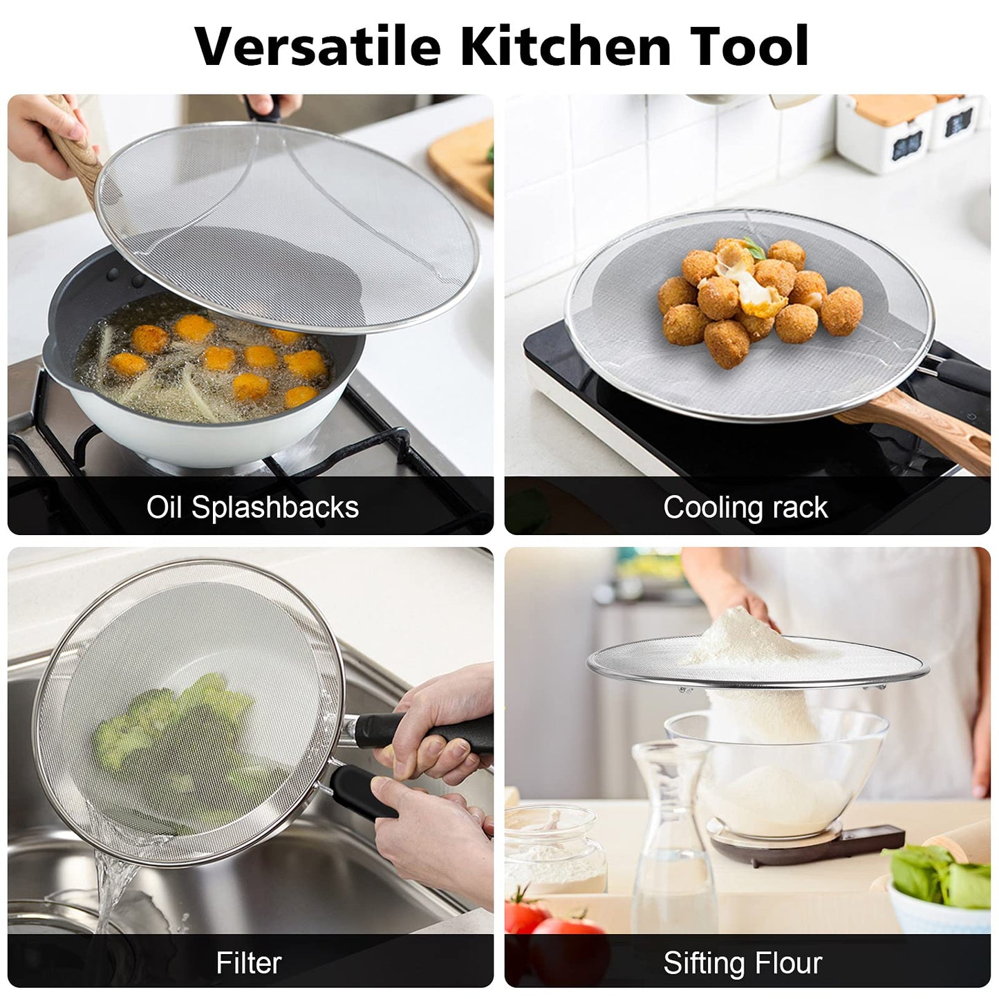 Splatter Screen for Frying Pan - 9.8" 11.4" 13" Stainless Steel Fine Mesh Grease Splatter Guard with Silicone Handle, Hot Oil Splash Guard for Cooking to Prevent Oil Splatter, Safe Cooking