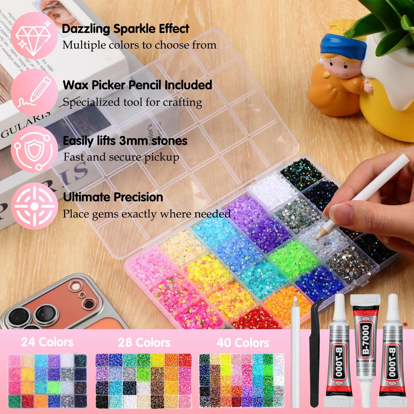 3mm Colorful DIY Resin Rhinestone Kit for Bedazzling, Multicolor Flatback Gems, 3Pcs 10ml B7000 Jewelry Glue for Bedazzled Nail Art Clothing Shoes Nail Book Diamond Art (32000)