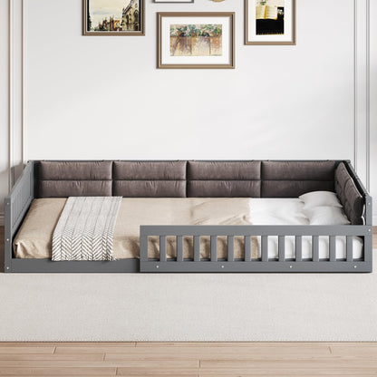 Merax Full Size Upholstered Platform Bed with Guardrail & Pillow, Solid Pine Wood Bed Frame, No Box Spring Needed, 600 lbs Capacity Safety Guaranteed Easy to Assemble for Bedroom, Gray
