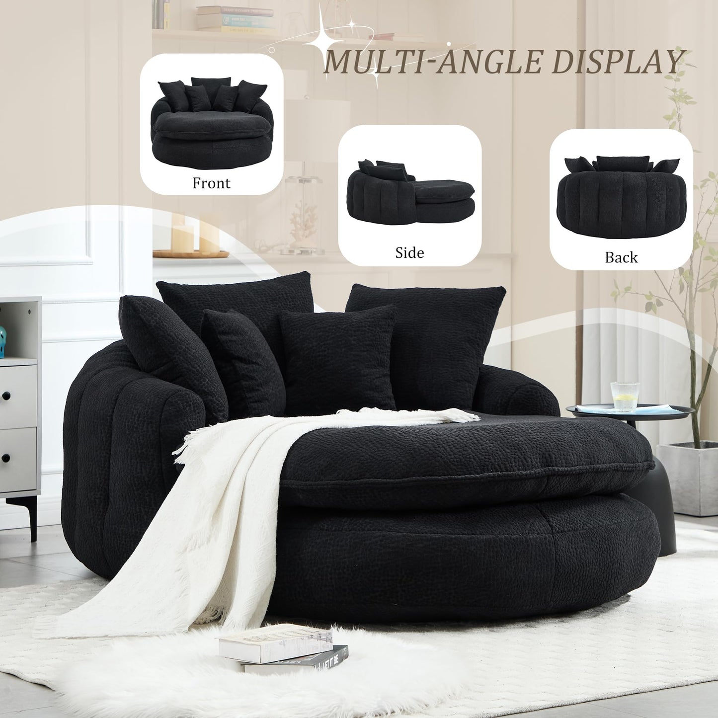 Oversized Oval Bean Bag Sofa, Chenille Fabric Floor Lounger with 5 Pillows and Wrap-Around Backrest for Adults, Large Lazy Sofa for Living Room and Game Room, Black