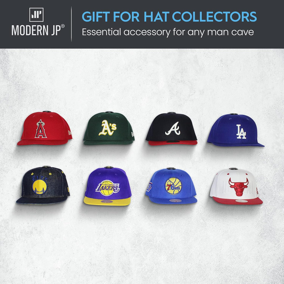 Modern JP Hat Hooks - Strong Adhesive Wall Rack for Baseball Caps | 16-Pack, Minimalist Design, Black