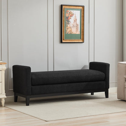 KEIKI Oversize Boucle Bench Ottoman with 2 Bolster Pillows & Wood Legs, Upholstered End of Bed Daybed Seating, Foot Rest Stool Furniture for Bedroom, Living Room, Entryway, Black
