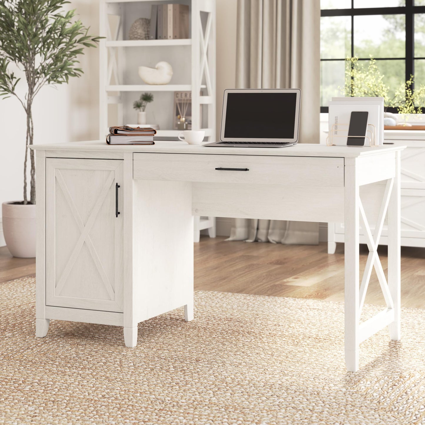 Bush Home Key West Computer Desk with Storage | Farmhouse PC Table for Home Office in Linen White Oak | 54W x 24D
