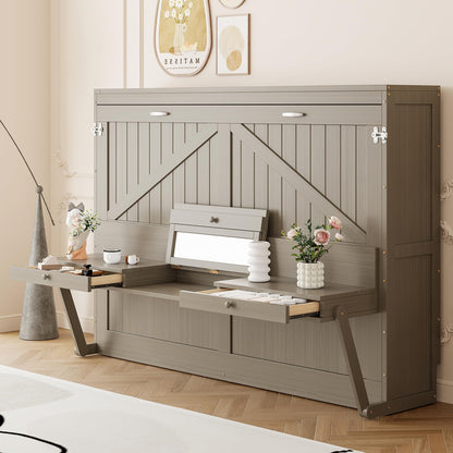 Ball & Cast Murphy Bed Queen W/Built-in Vanity Desk,Murphy Frame Cabinet W/ 2 Side Drawers,Wood Hide Away Wall Bed W/Center Mirror,for Bedroom,Home Office,Home Gym,Distressed Gray