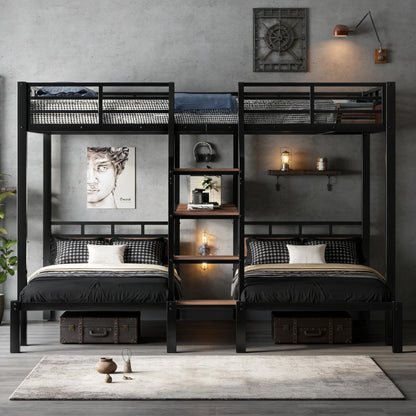 Bellemave Queen Over Twin & Twin Bunk Bed with Shelves, Metal Triple Bunk Beds with Safety Guardrails and Underbed Storage, Heavy-Duty 3 Bunk Beds for Kids, Teens, Adults, No Box Spring Needed, Black